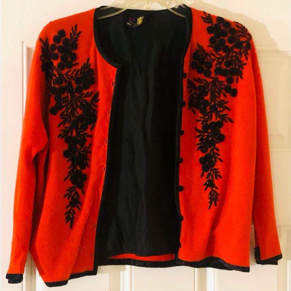 Stunning Red 1950s Vintage Beaded Cashmere Cardigan Sweater